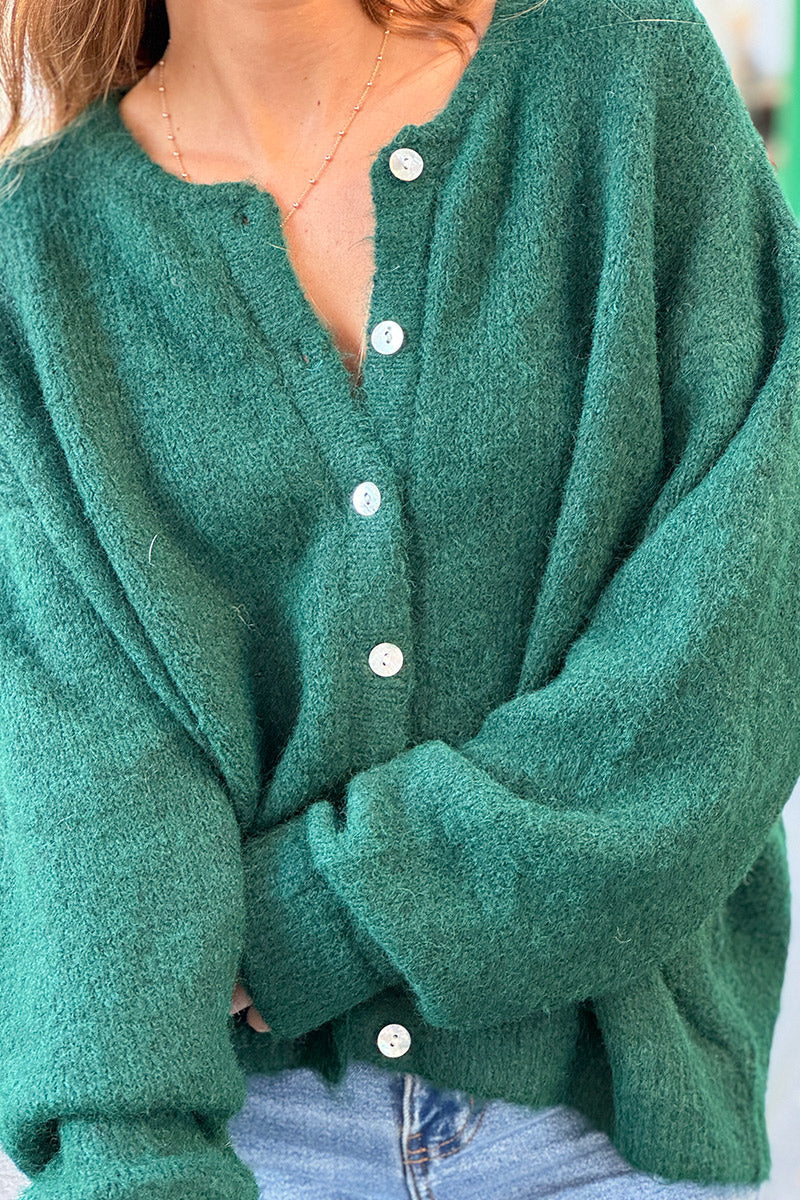 Gilet douillet vert foncé chine en maille col rond boutons nacrés