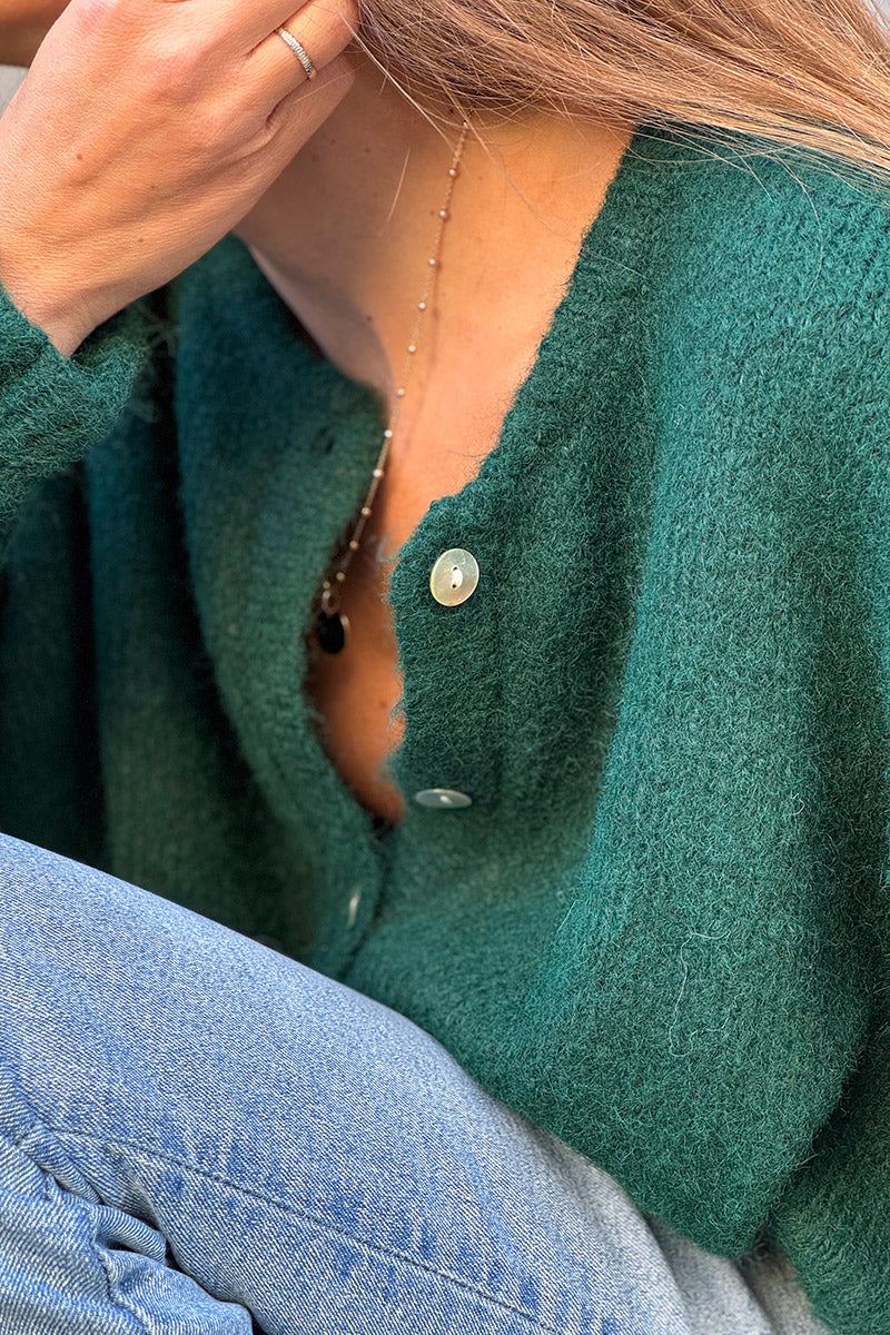 Gilet douillet vert foncé chine en maille col rond boutons nacrés