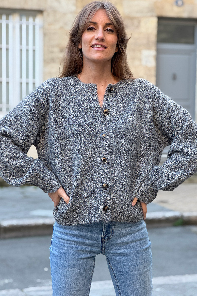 Charcoal Wool Blend Knit Button-Front Cardigan