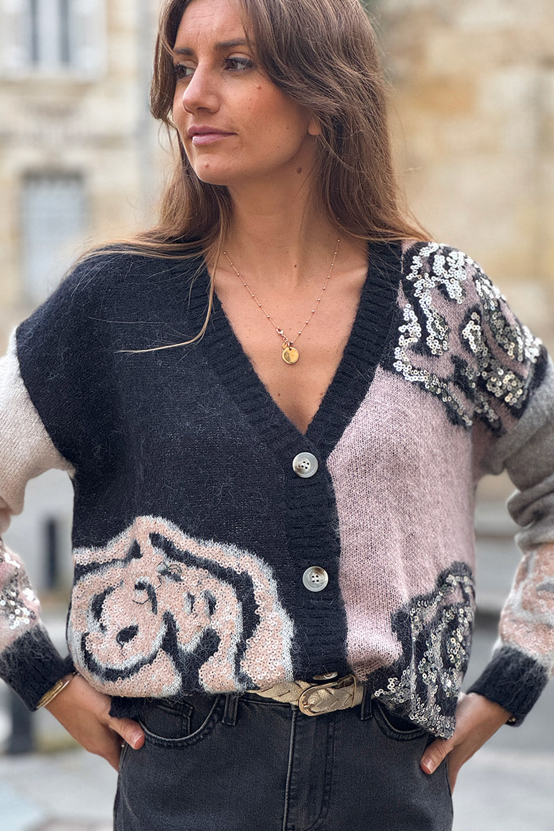 Pink Rosette Mohair Sequin Cardigan