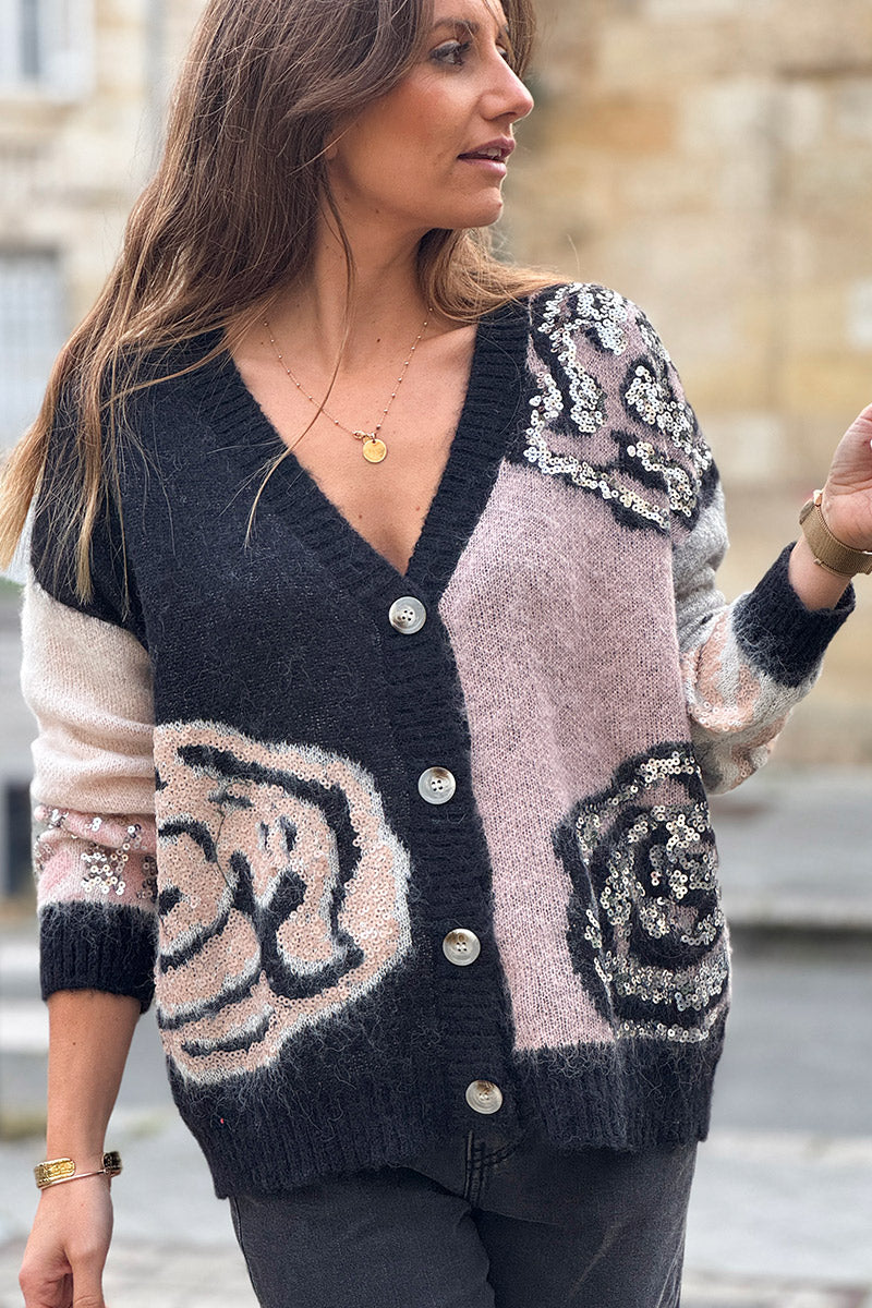 Pink Rosette Mohair Sequin Cardigan