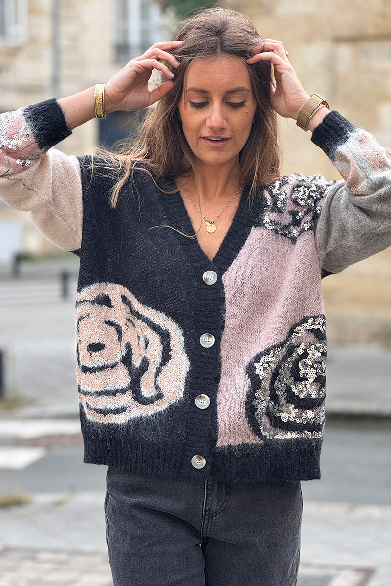 Pink Rosette Mohair Sequin Cardigan