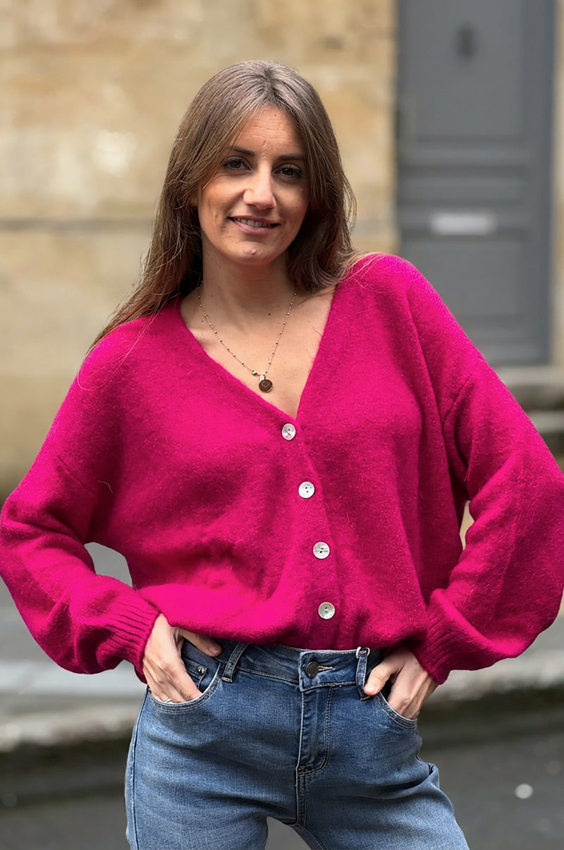 Gilet en alpaga extra fin tout doux fuchsia boutons nacrés