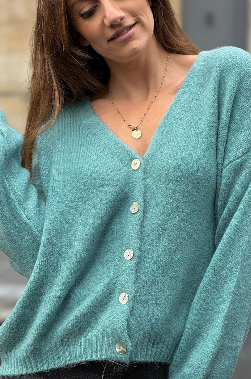 Teal Pink Alpaca Knit Cardigan