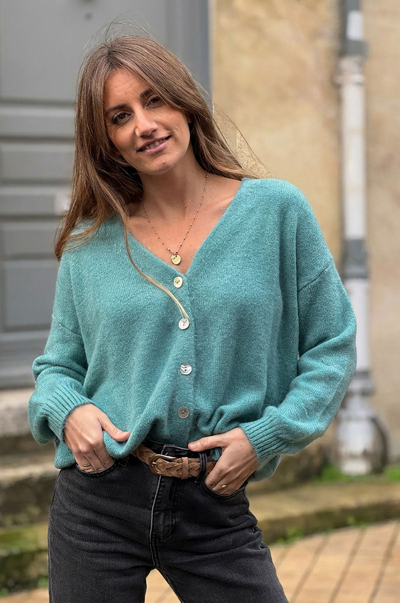 Teal Pink Alpaca Knit Cardigan