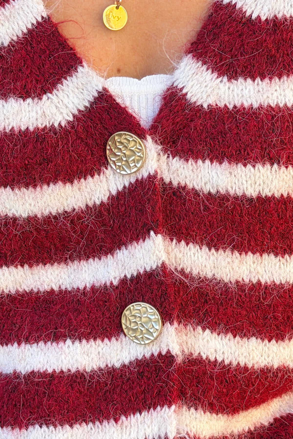 Burgundy Wine Stripe Wool Blend Knit Cardigan