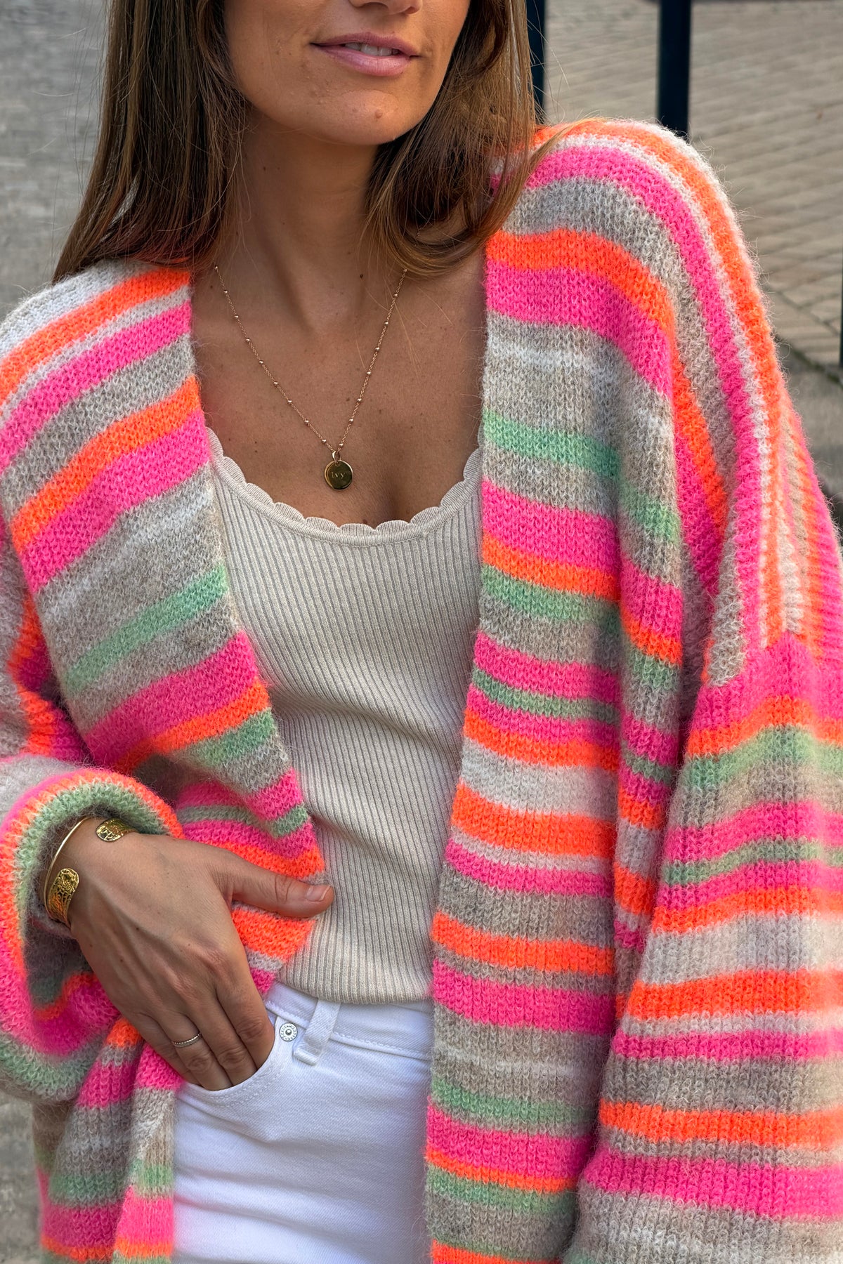 Orange Neon Stripe Knit Cardigan