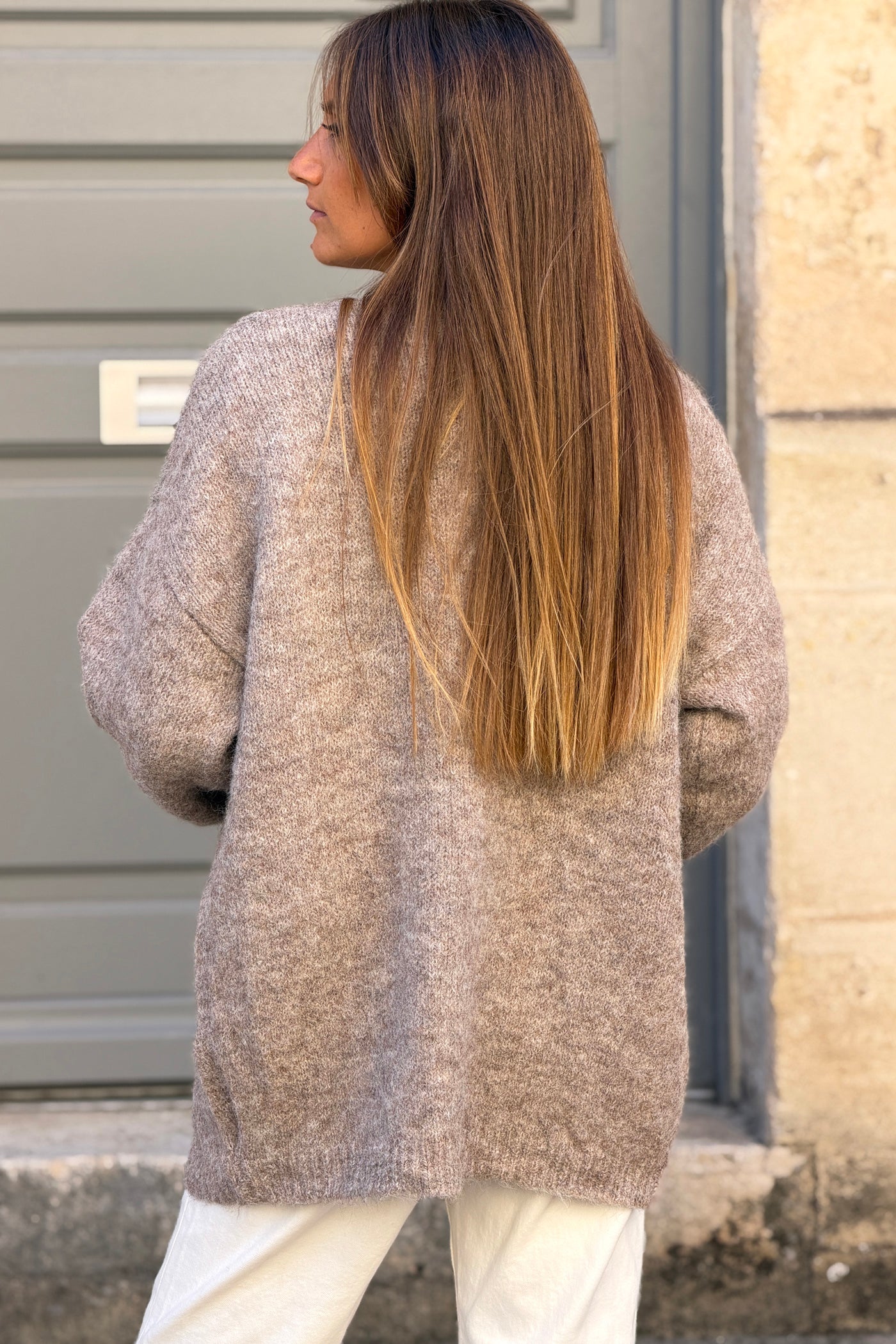 Gilet en maille taupe chiné manches bouffantes