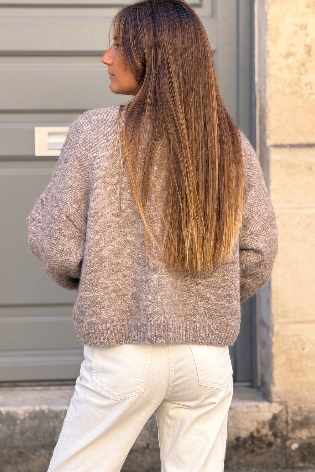 Gilet en maille taupe chiné manches bouffantes