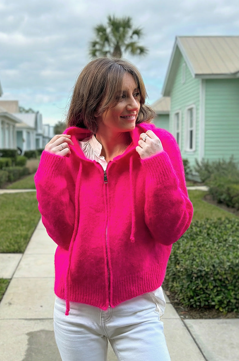 Hot Pink Mohair Knit Zip-Front Hoodie