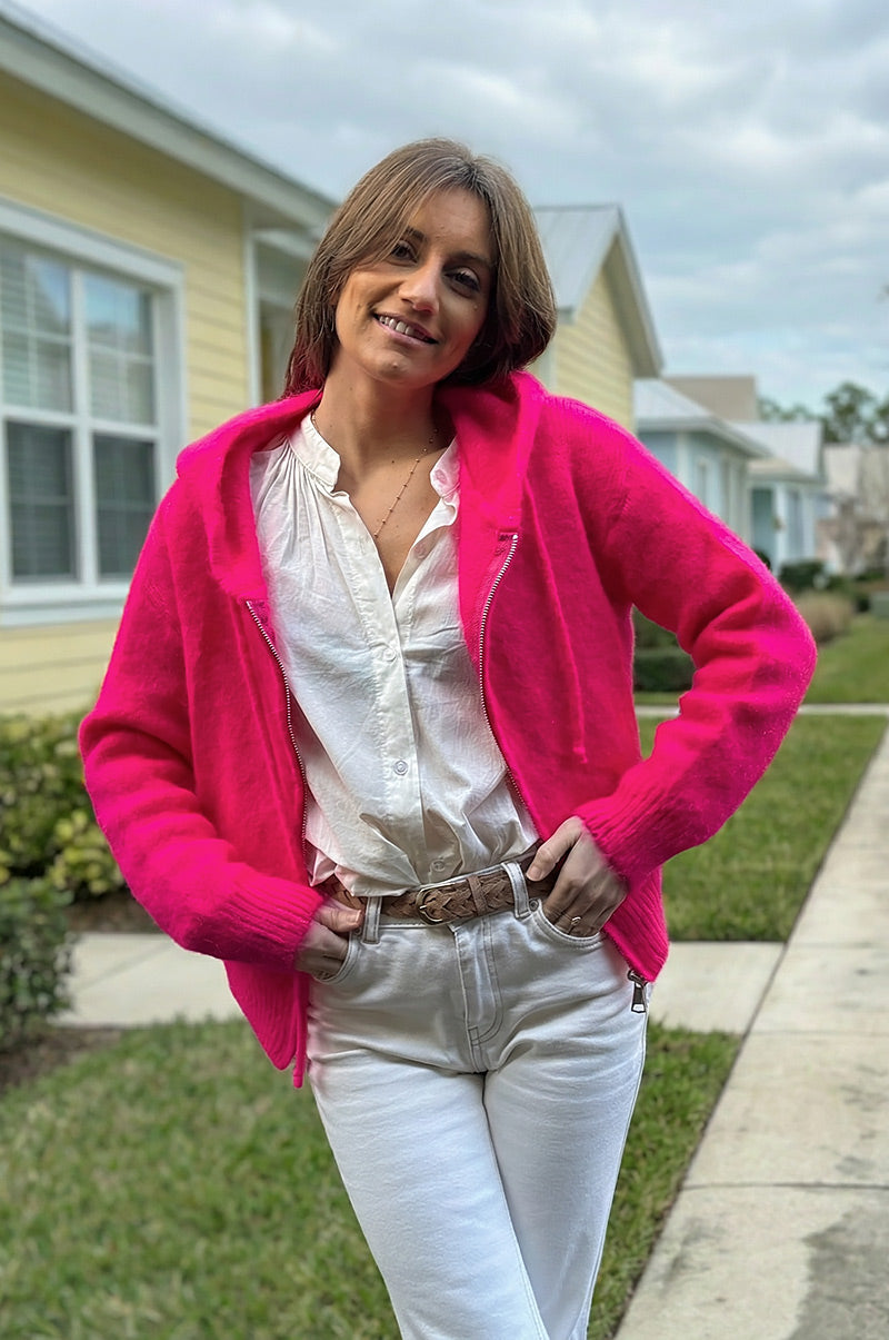 Hot Pink Mohair Knit Zip-Front Hoodie