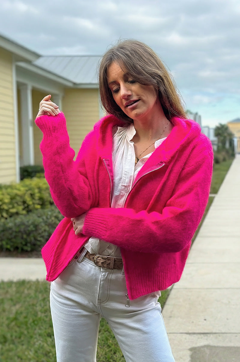 Hot Pink Mohair Knit Zip-Front Hoodie