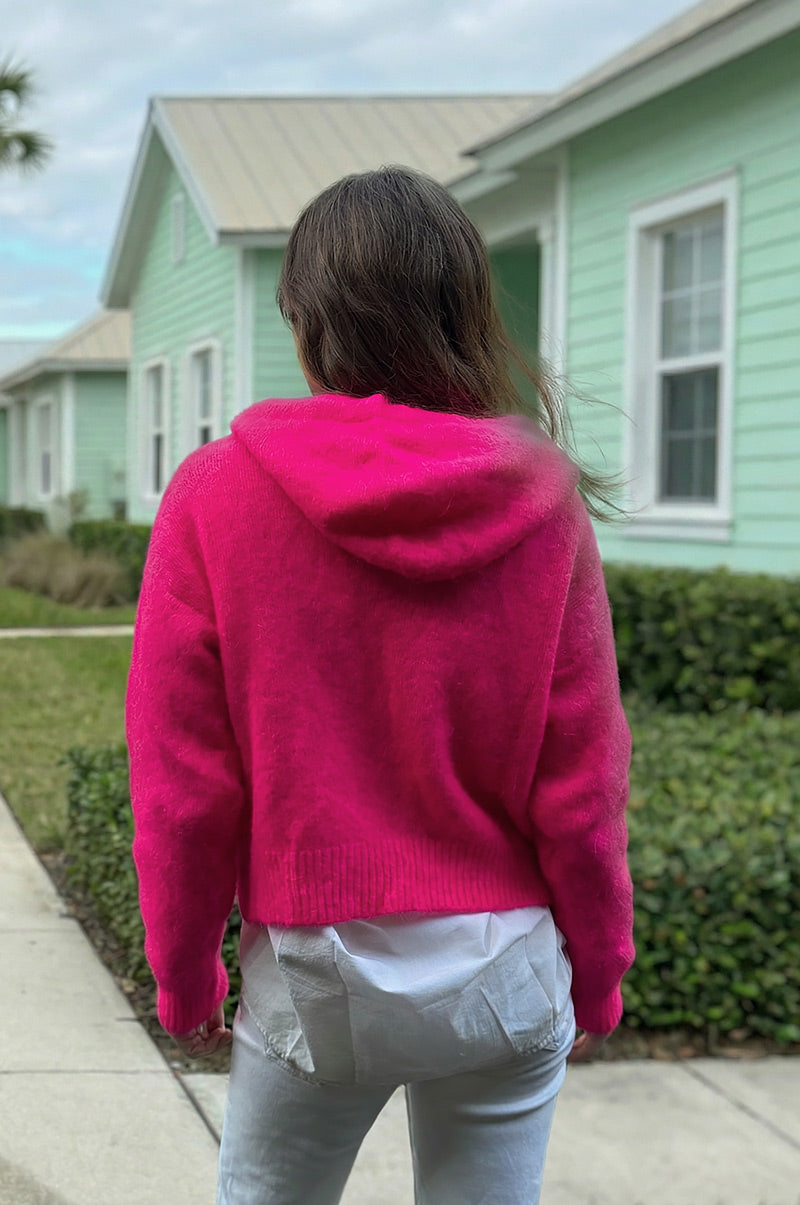 Hot Pink Mohair Knit Zip-Front Hoodie