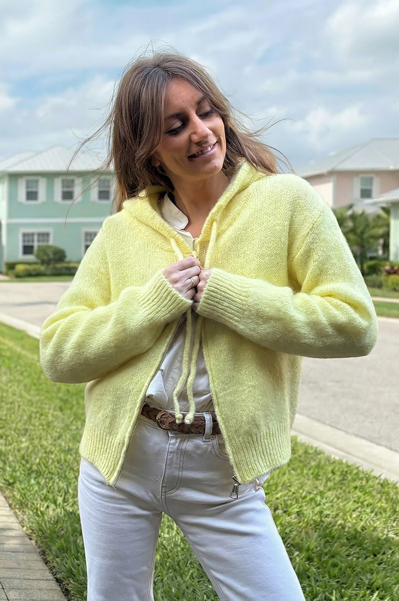 Butter Yellow Mohair Knit Zip-Front Hoodie