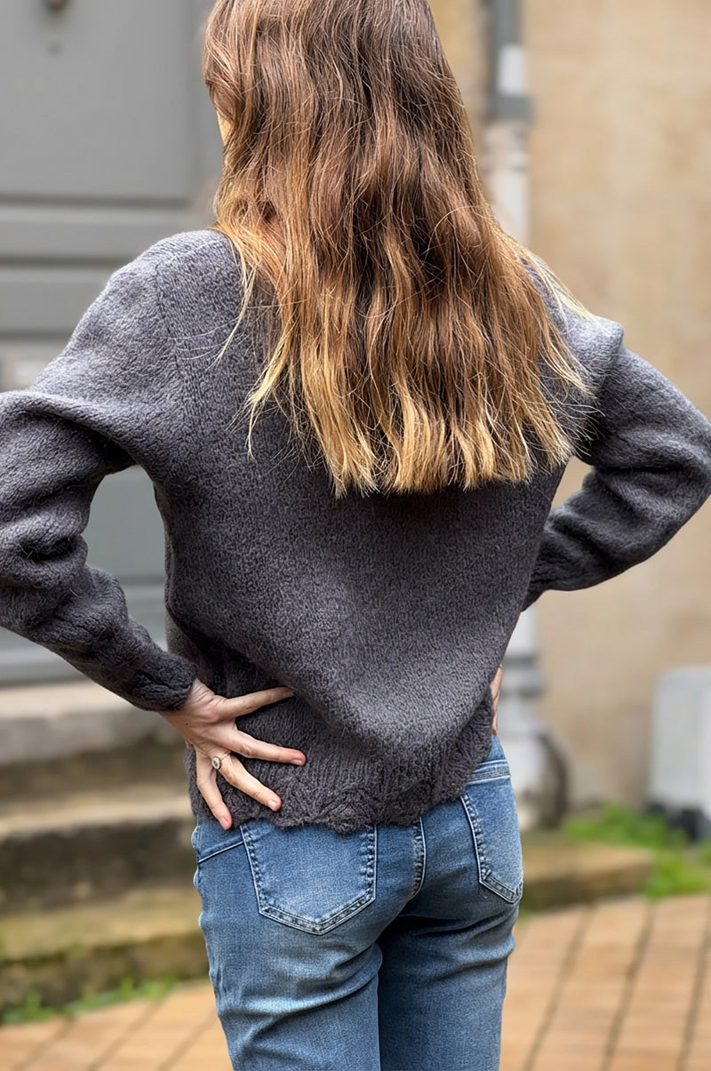 Dark Grey Scalloped Hem Mohair Knit Cardigan