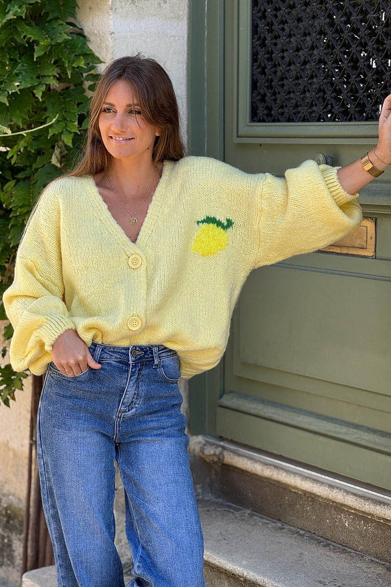 Butter yellow chunky knit cardigan with lemon 'limoncello' back pattern