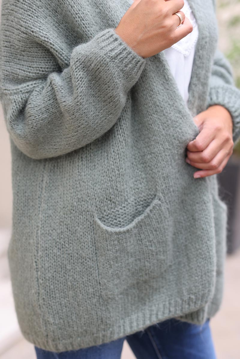 Gilet kaki clair col enveloppant avec poches c021 (1)