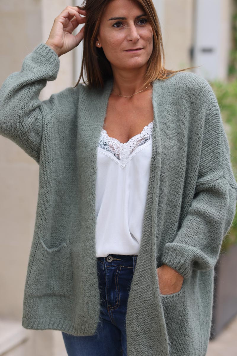 Gilet kaki clair col enveloppant avec poches c021 (1)