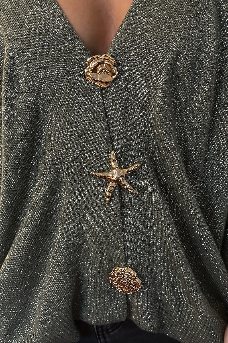 Olive Sparkle Knit Cardigan with Gold Buttons