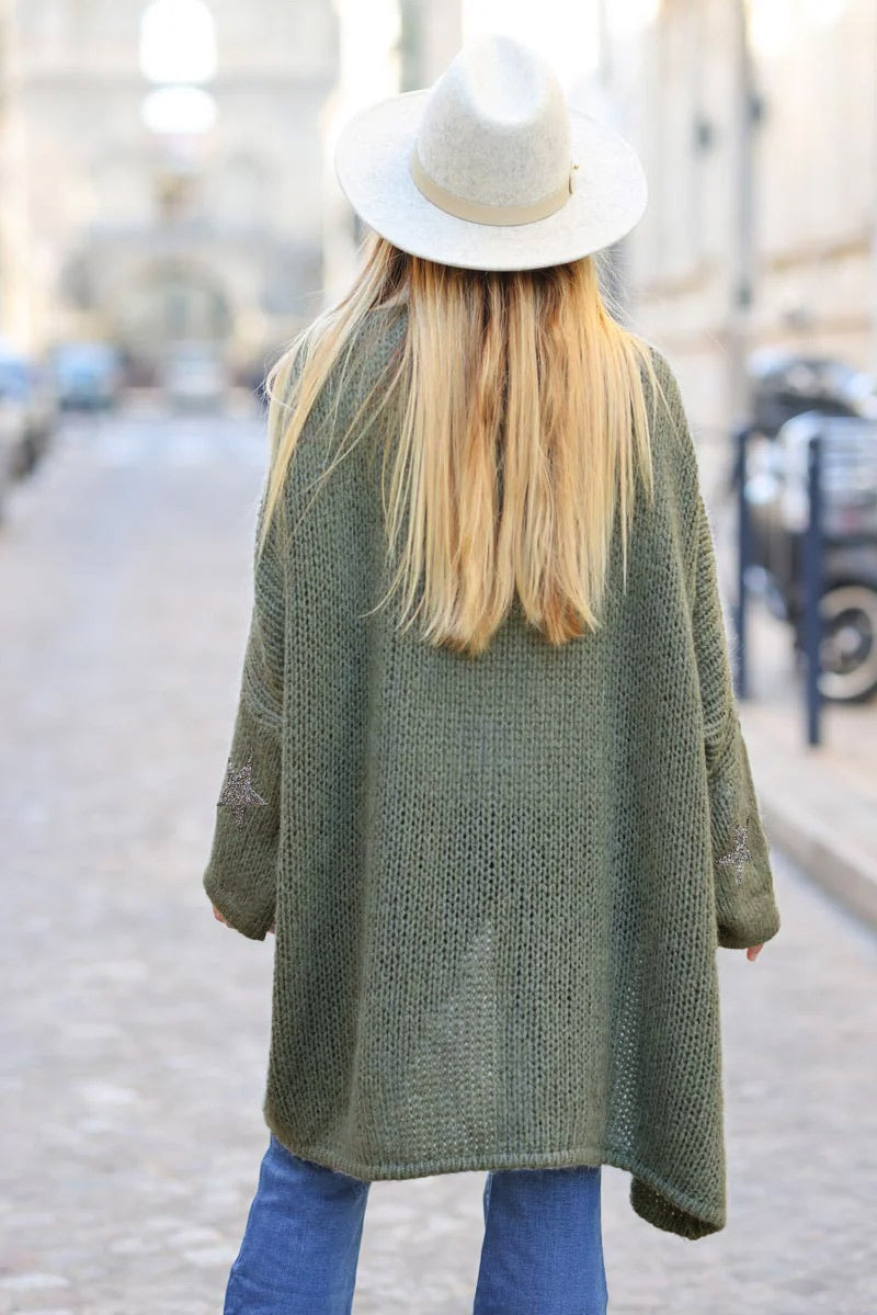 Olive Drop-Sleeve Knit Duster with Star Studded Cuffs