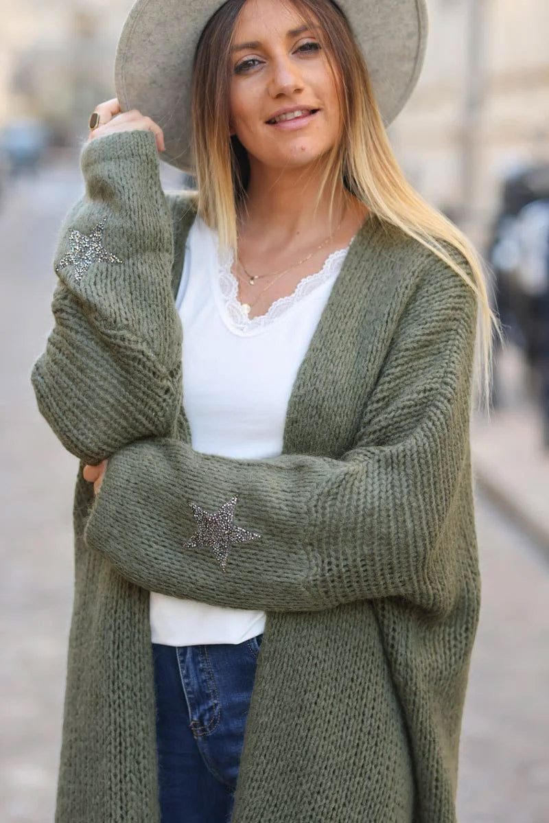 Olive Drop-Sleeve Knit Duster with Star Studded Cuffs