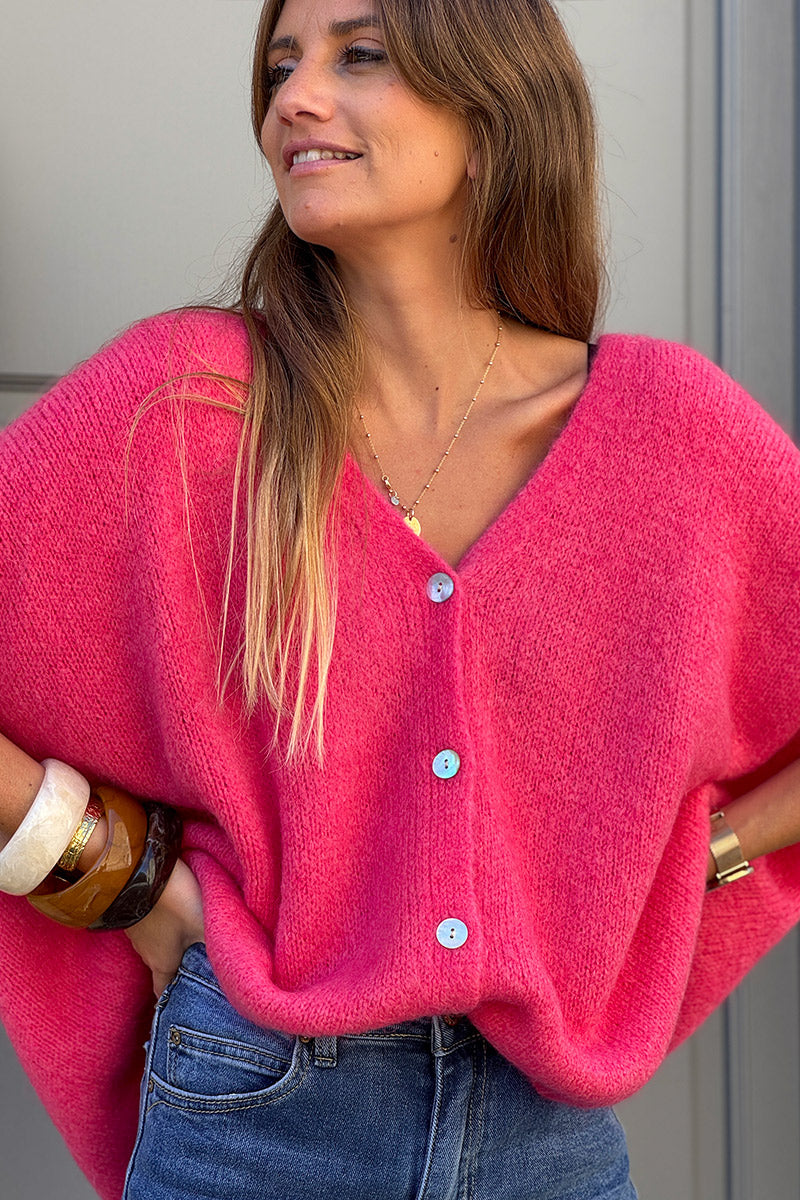 Gilet large et loose fuchsia sans manches en maille kid mohair boutons nacrés