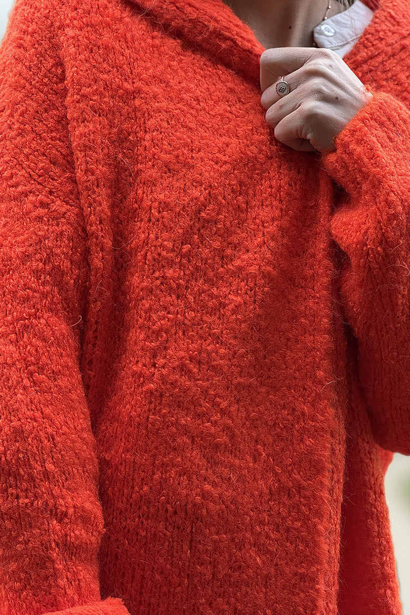 Gilet long à capuche en maille bouclettes orange