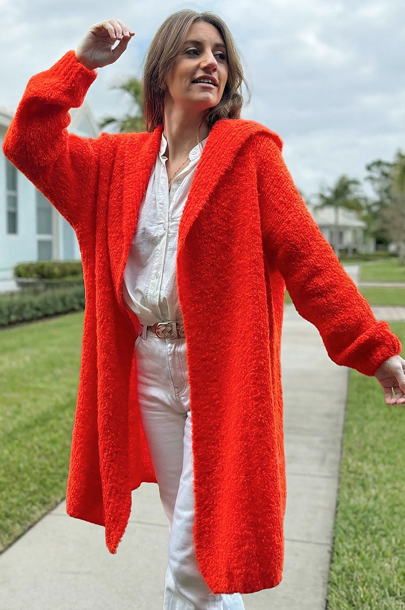 Gilet long à capuche en maille bouclettes orange