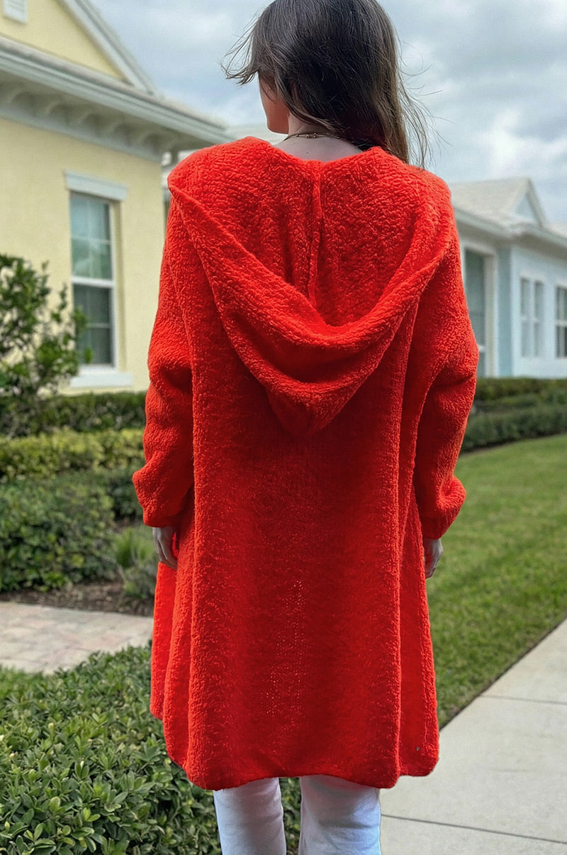 Gilet long à capuche en maille bouclettes orange