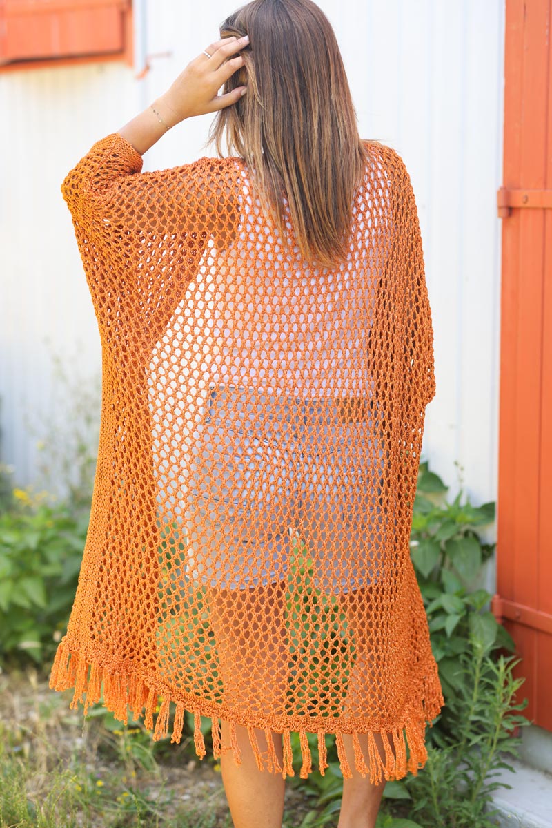 Gilet long a franges maille ajourée en lurex brique G023 (1)