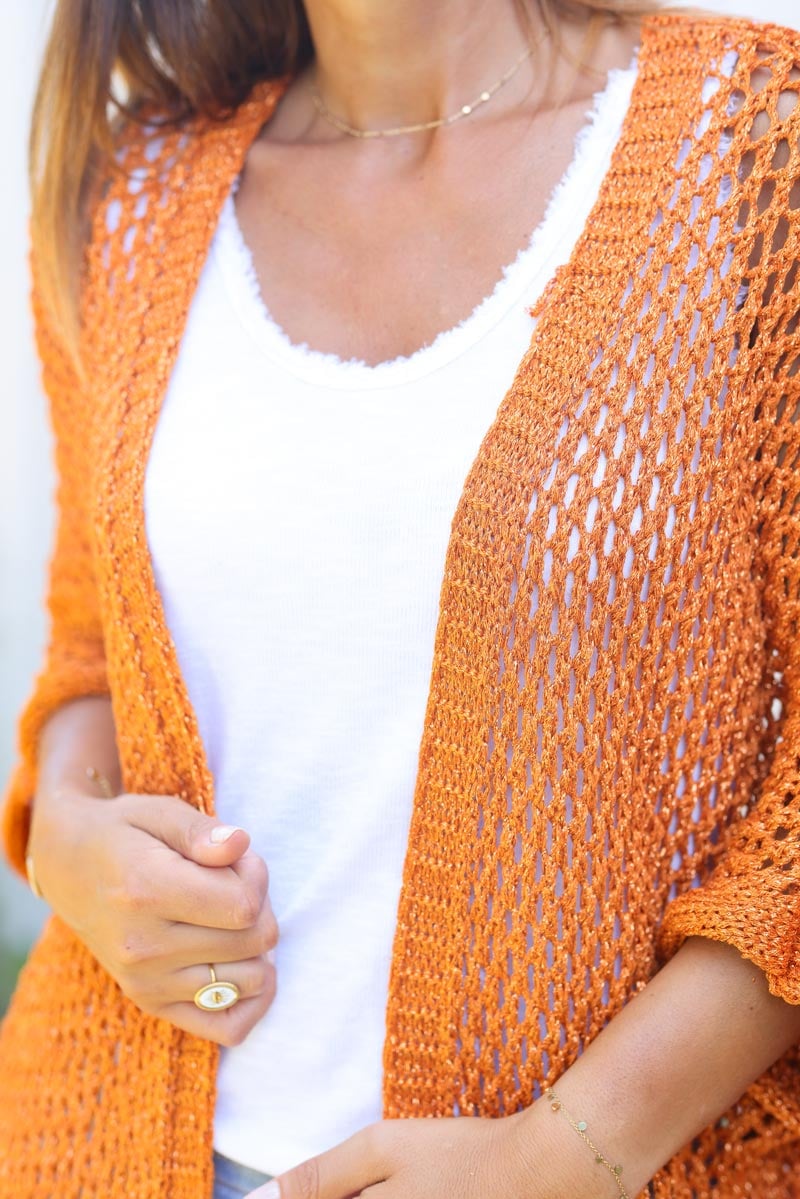 Gilet long a franges maille ajourée en lurex brique G023 (1)