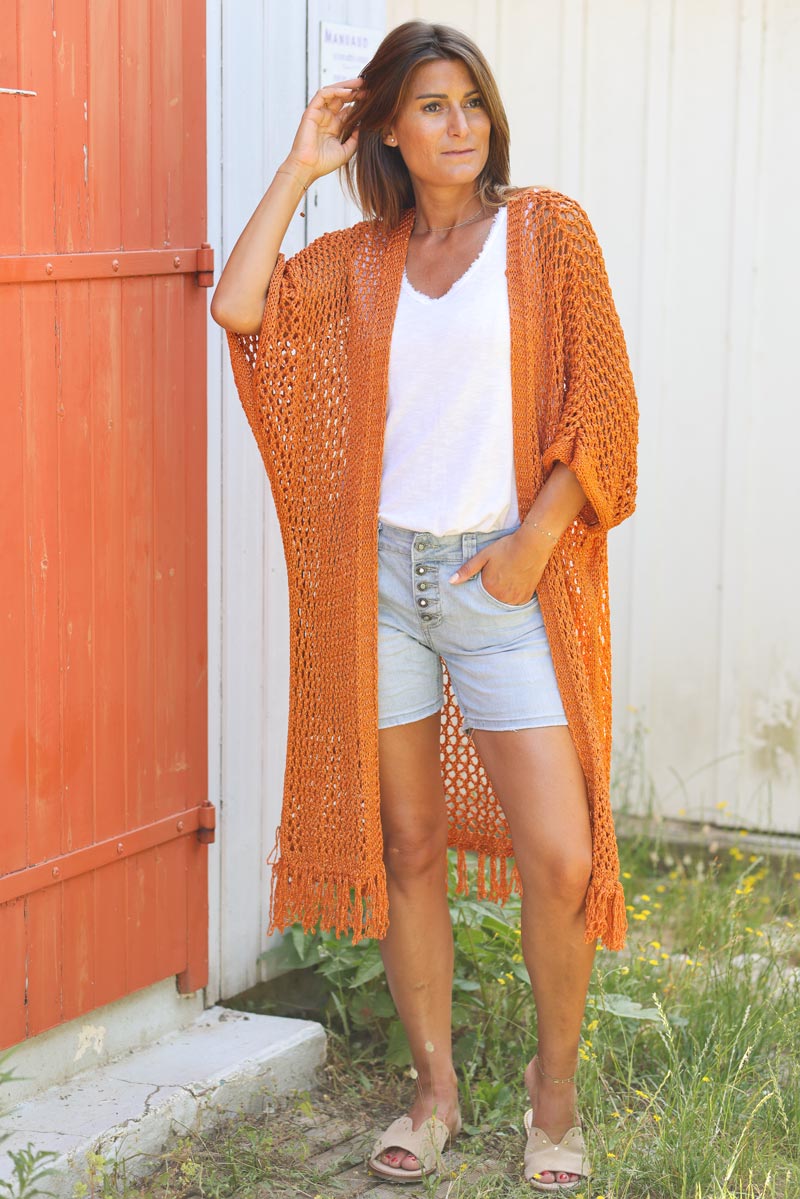 Gilet long a franges maille ajourée en lurex brique G023 (1)