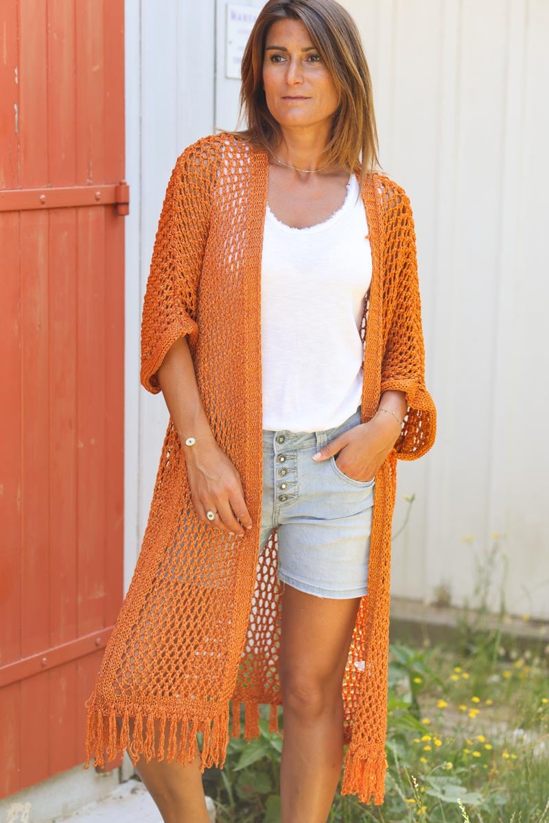 Gilet long a franges maille ajourée en lurex brique G023 (1)
