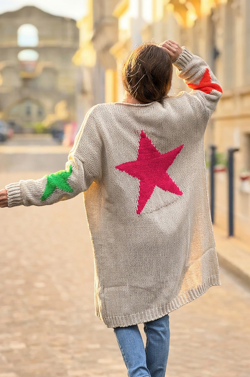 Cream Intarsia Star Sweater Duster