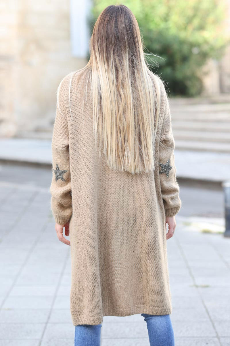 Beige Knit Duster with Star Studded Elbow Patches