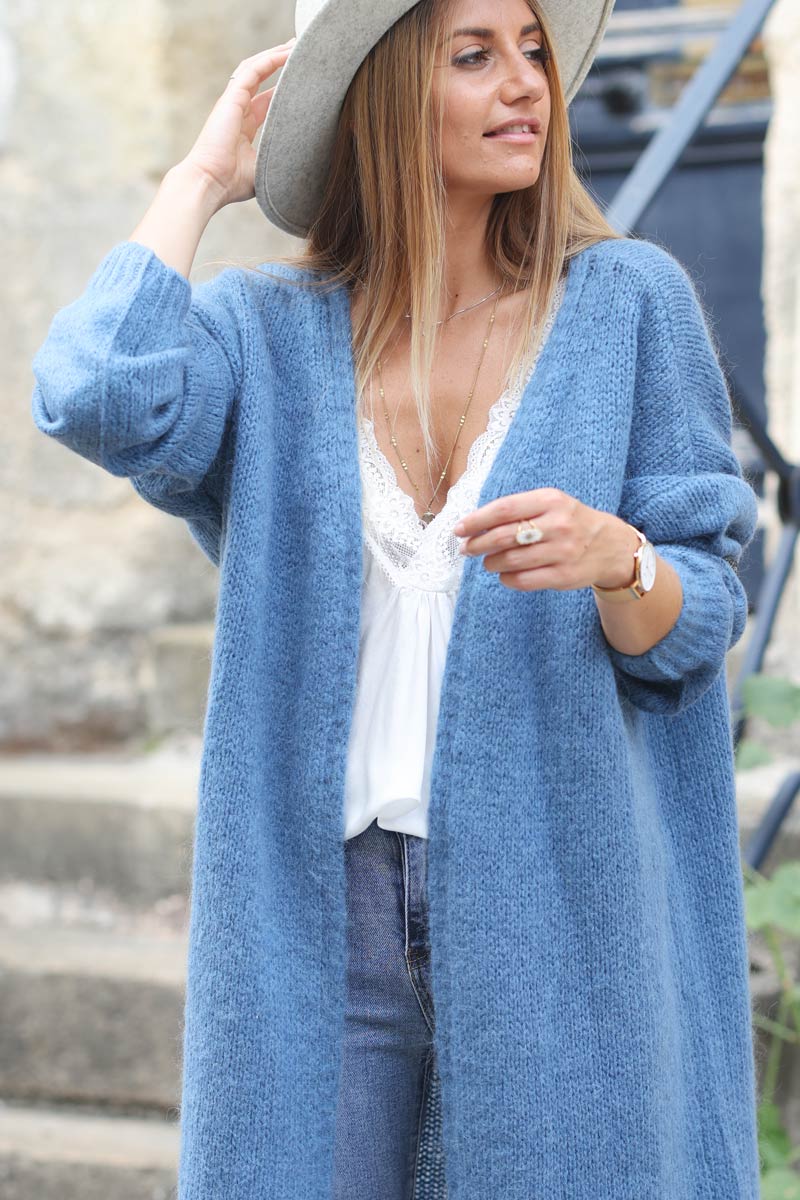 Gilet long droit bleu jean grosses mailles etoile strass manches e034 (1)