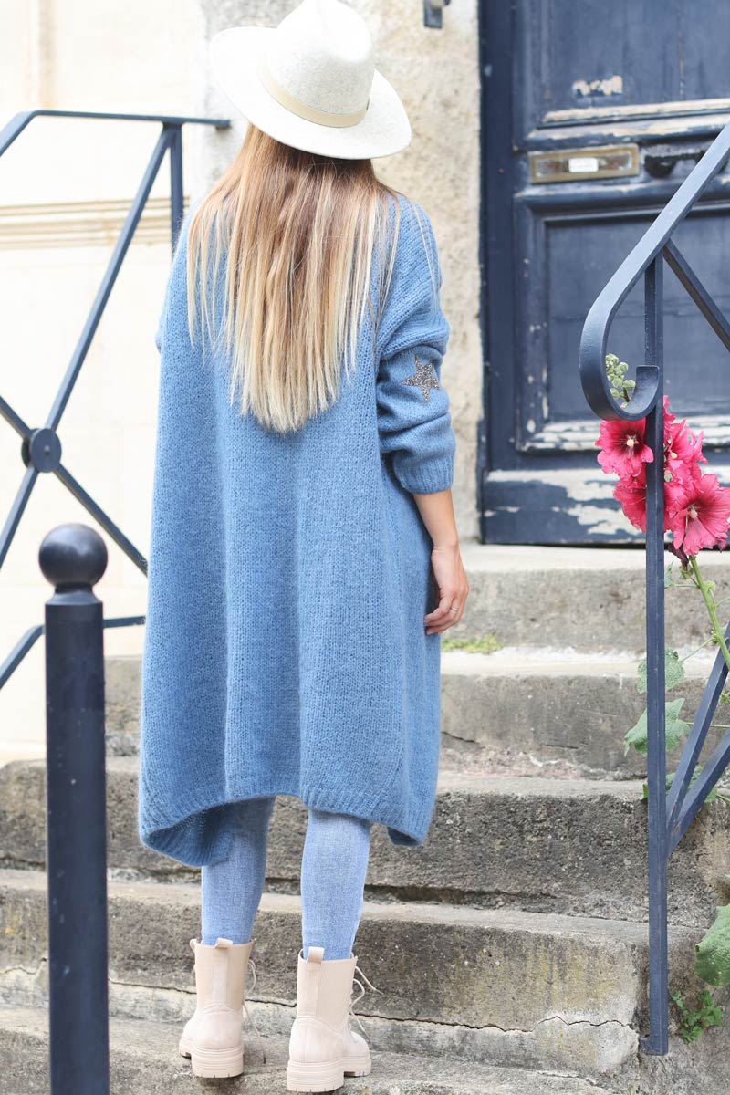 Gilet long droit bleu jean grosses mailles etoile strass manches e034 (1)