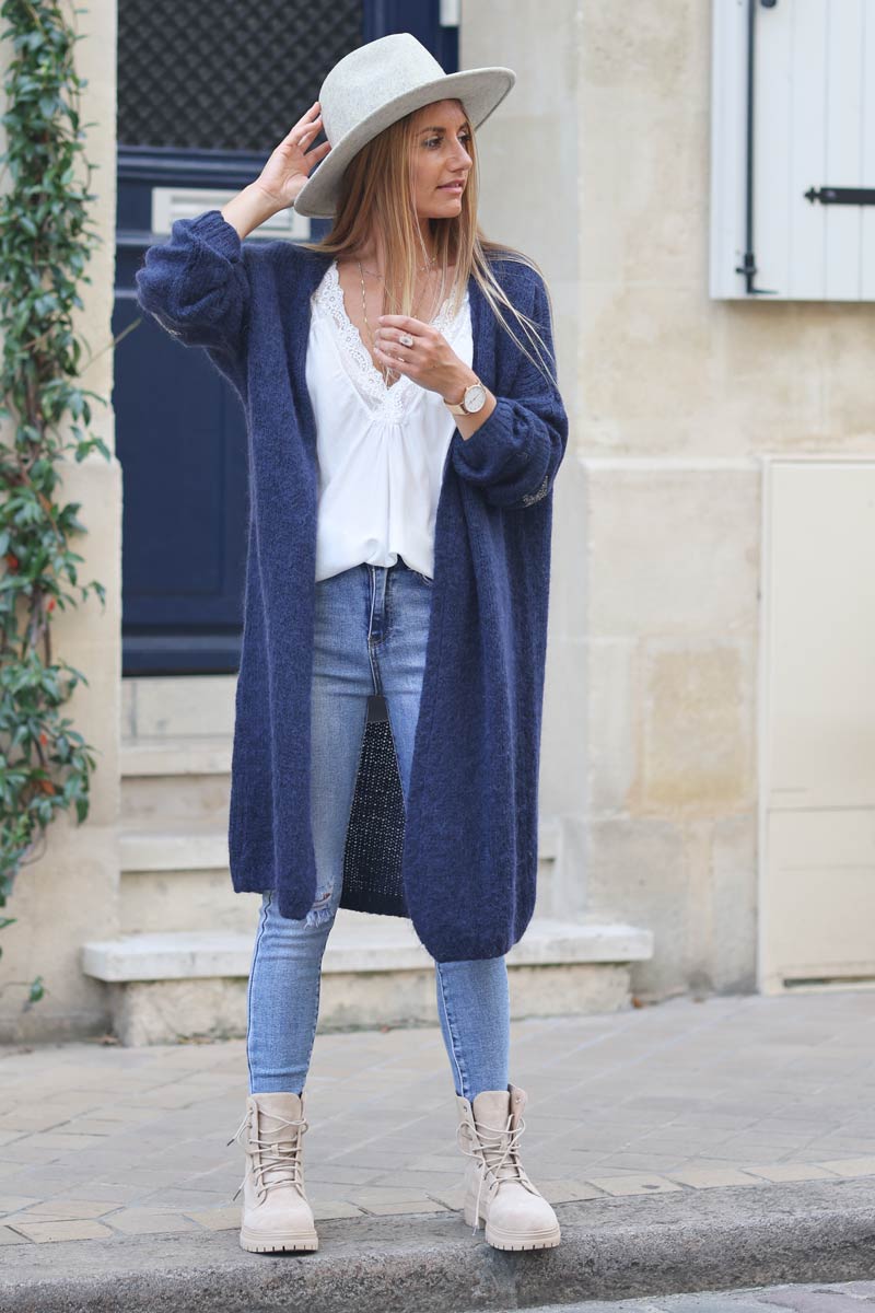 Gilet long droit bleu marine grosses mailles etoile strass manches E034 (1)