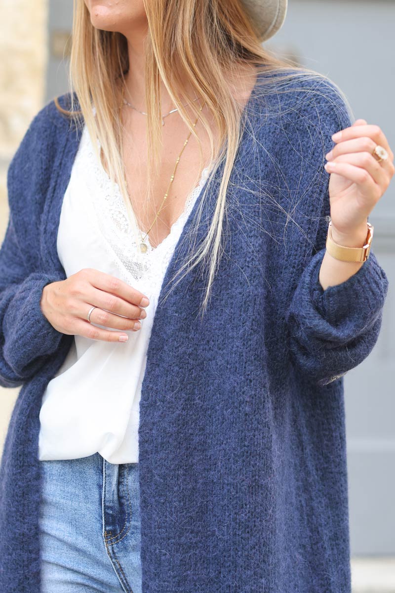 Gilet long droit bleu marine grosses mailles etoile strass manches E034 (1)