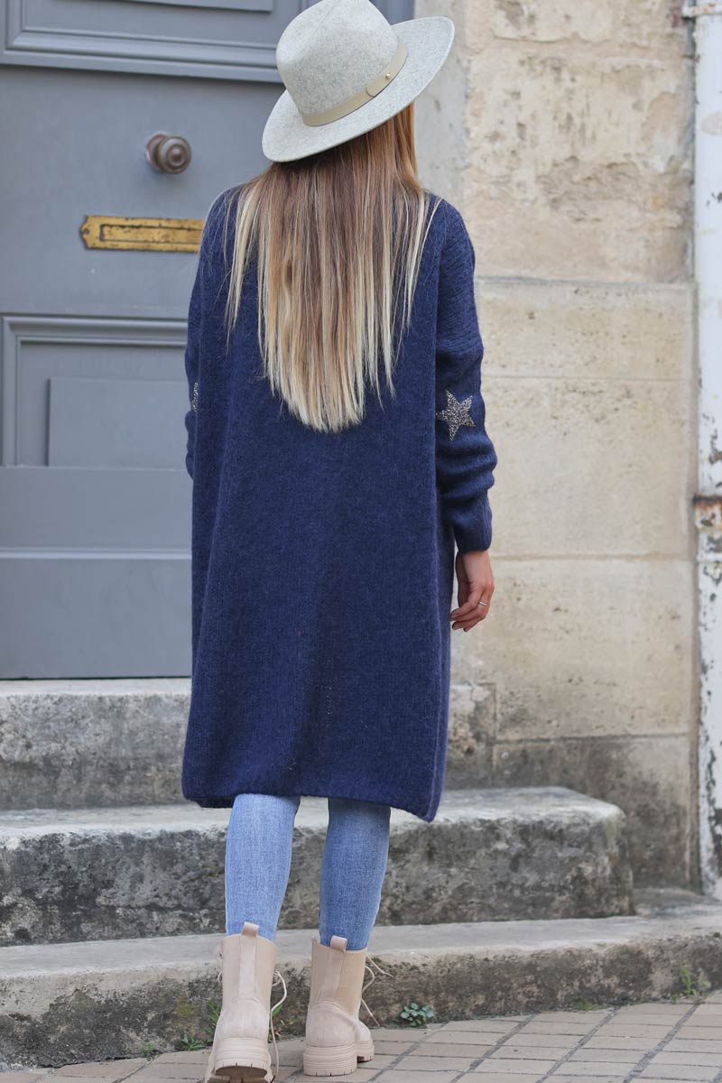 Gilet long droit bleu marine grosses mailles etoile strass manches E034 (1)