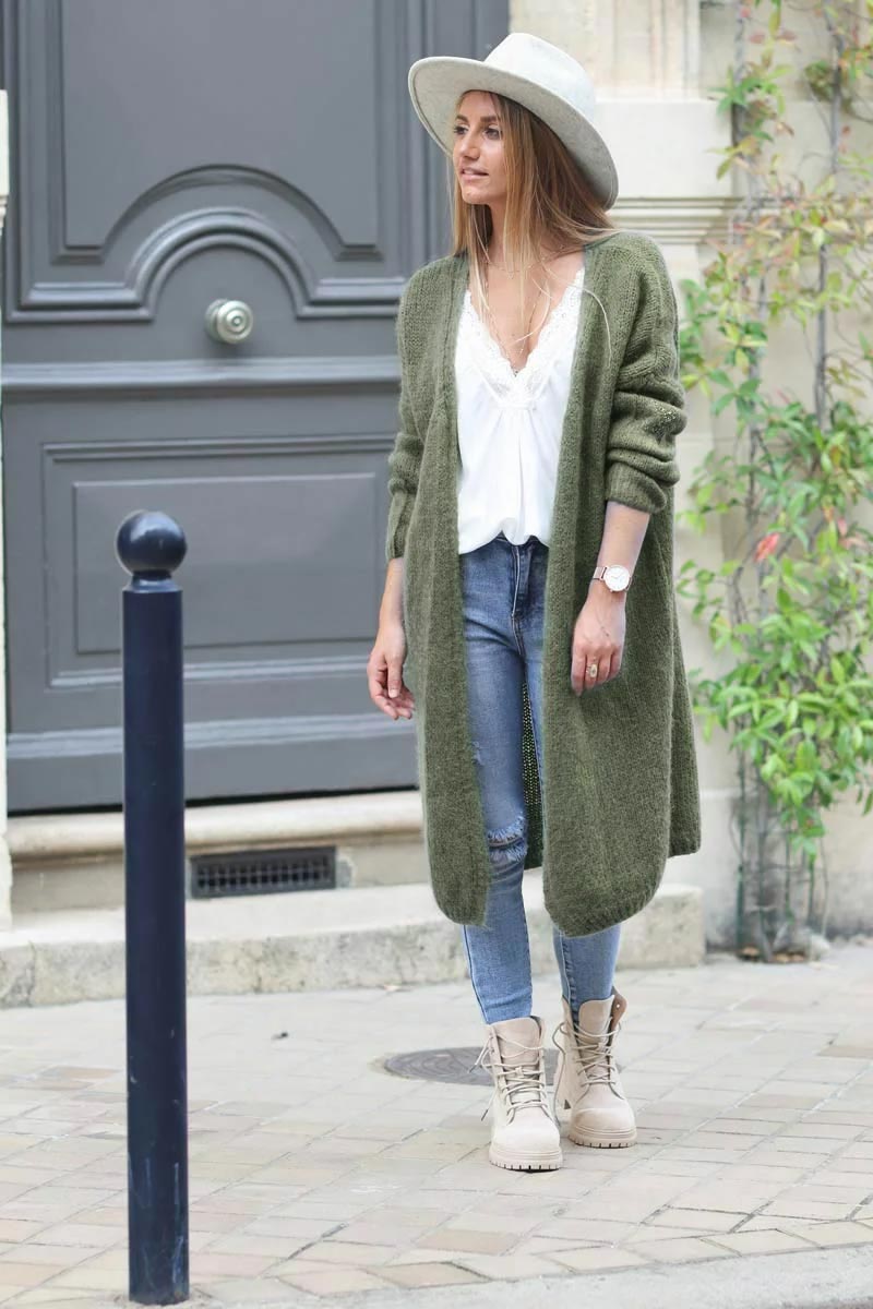 Olive long straight cardigan with rhinestone star detail