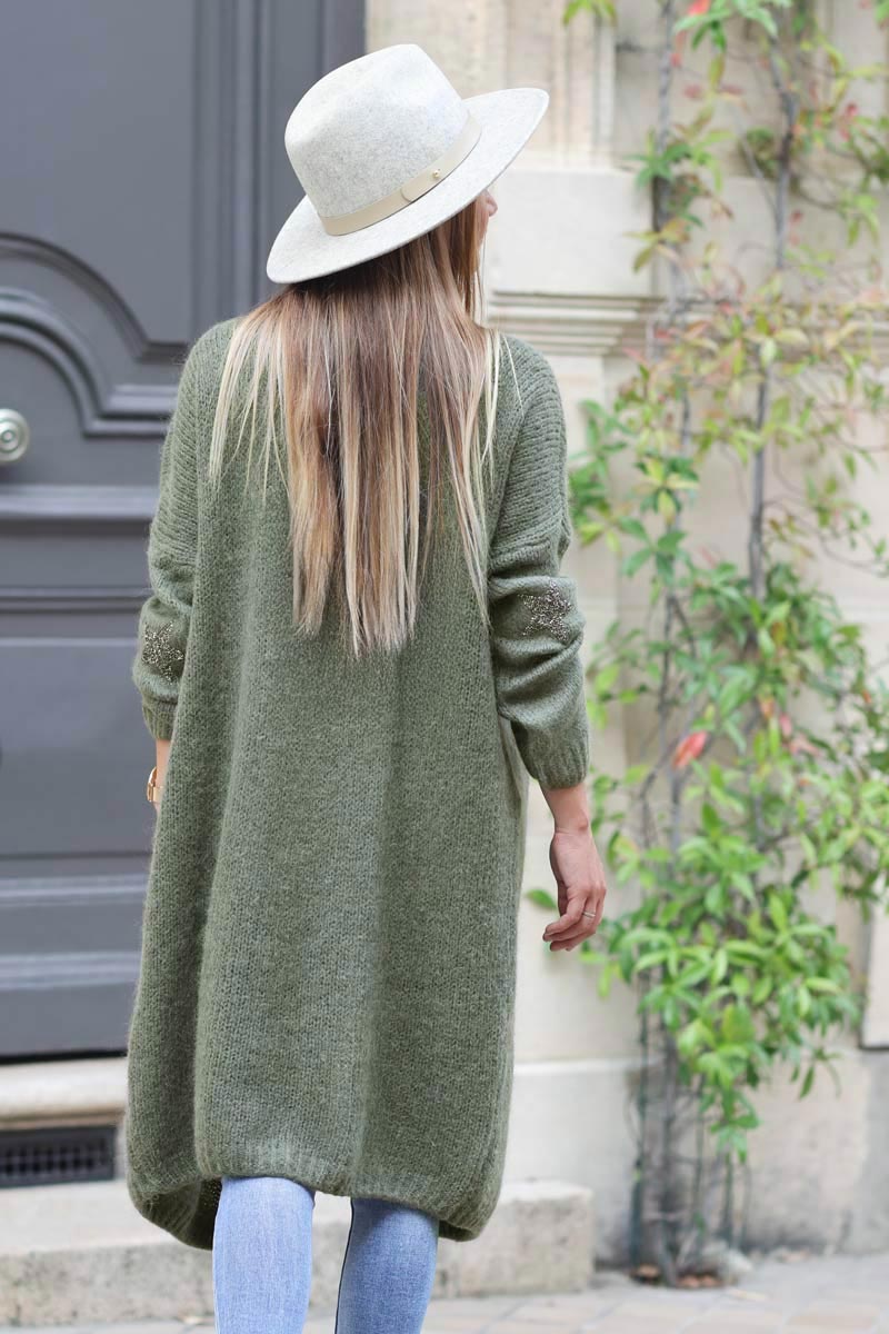 Olive long straight cardigan with rhinestone star detail
