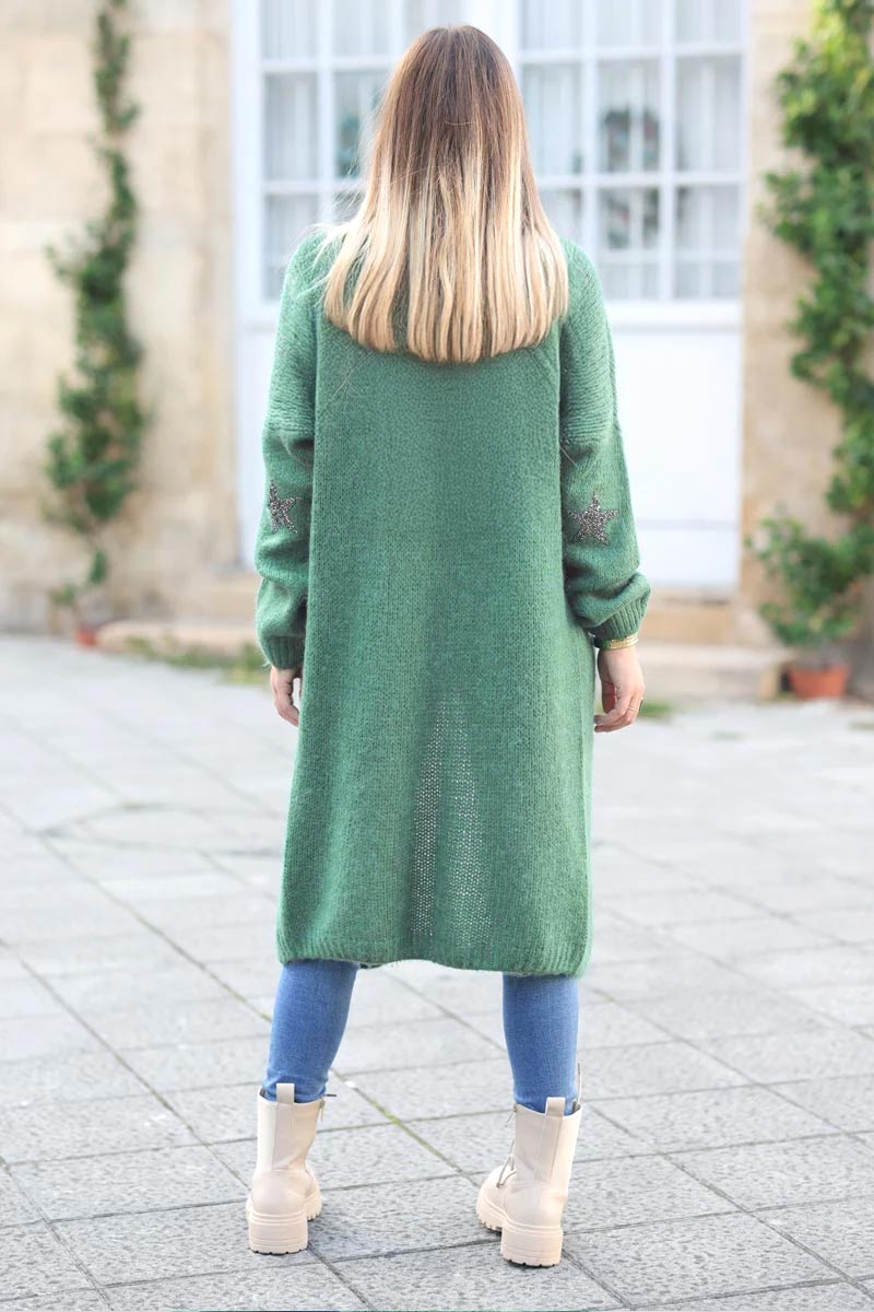 Gilet long droit sauge grosses mailles étoile strass manches