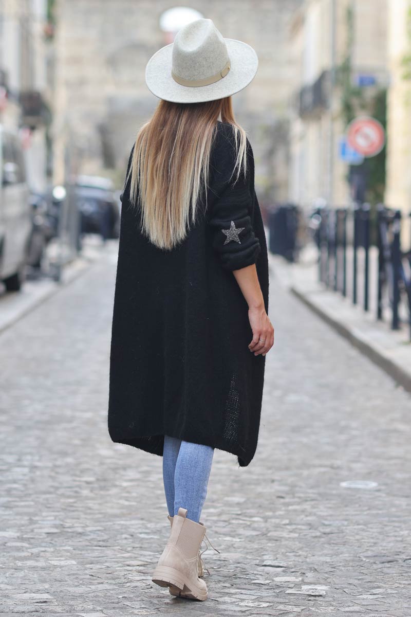 Gilet long droit noir grosses mailles etoile strass manches e034 (1)
