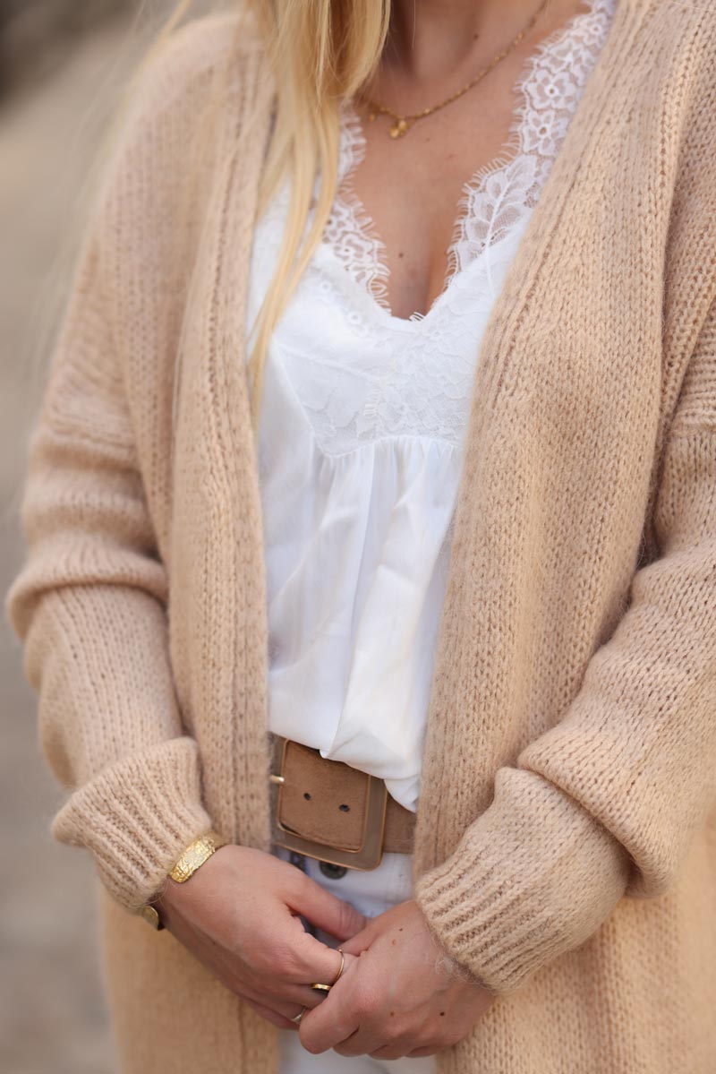 Gilet long et droit couleur sable en maille etoile strass aux coudes E034 (1)