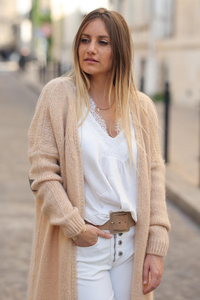 Gilet long et droit couleur sable en maille etoile strass aux coudes E034 (1)