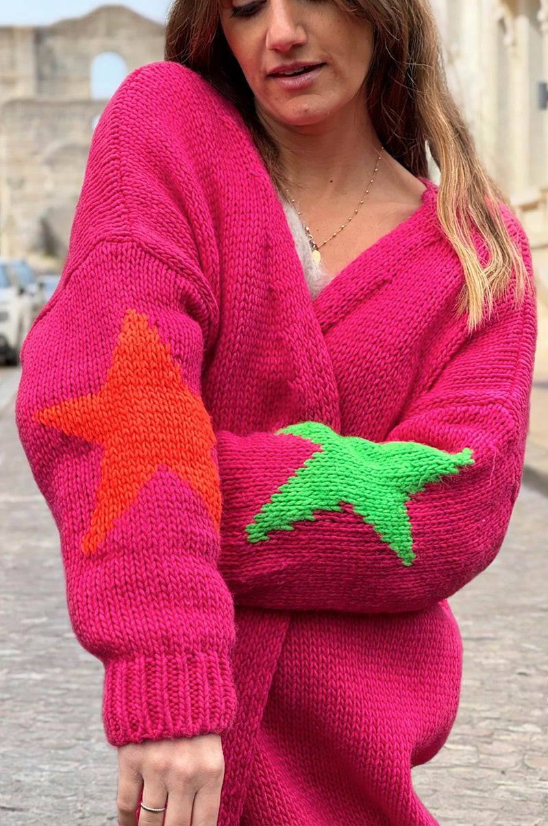 Hot Pink Intarsia Star Sweater Duster