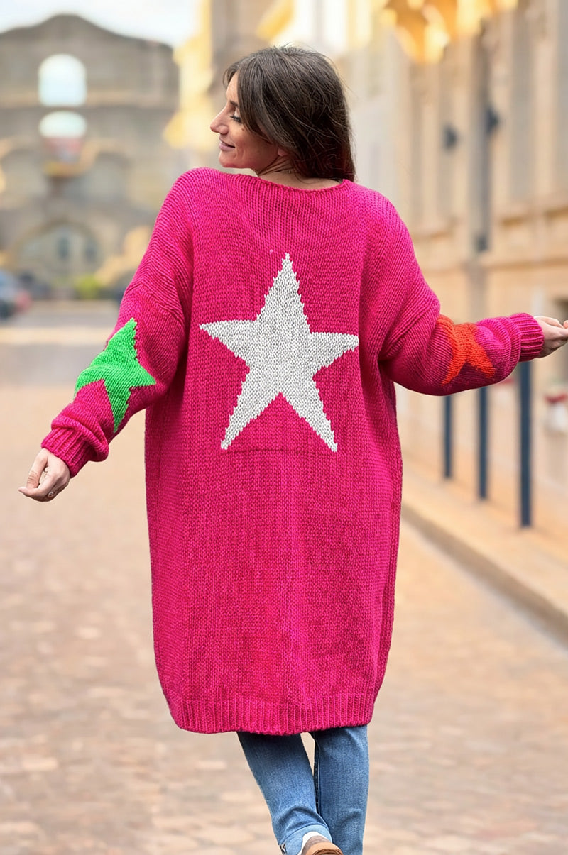Hot Pink Intarsia Star Sweater Duster