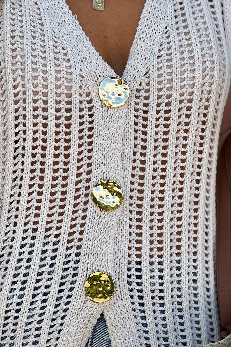 Cream Crochet V-Neck Button Vest