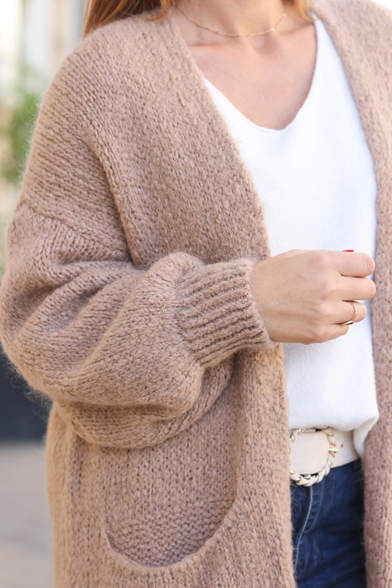 Gilet long taupe rose grosses maille poches et manches bouffantes g036 (1)
